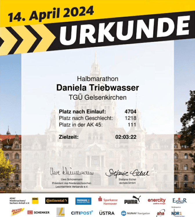 ADAC Halbmarathon Hannover 2024 Urkunde von Daniela Triebwasser